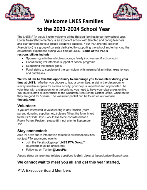 LNES PTA Welcome Letter